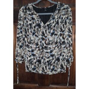 Haver London Womens Abstract Print V-Neck Ruffle Blouse Blue Tan Black Small